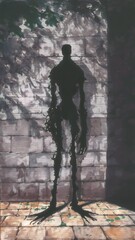 Una figura alta y esquelética emerge de una pared cubierta de enredaderas, proyectando una sombra amenazante sobre un patio empedrado.