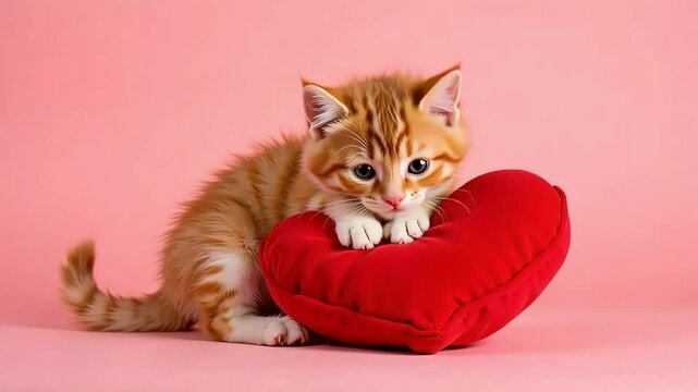 Adorable Ginger Kitten Cuddles a Red Heart Pillow against a Pink Background Perfect for Valentine's Day or Pet Love Themes