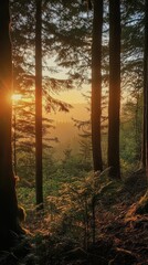 Obraz premium Golden sunset through a forest canopy at the edge of a woods.