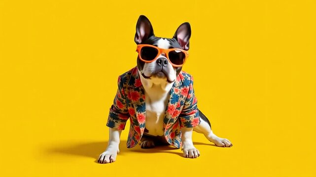 A Stylish French Bulldog in Sunglasses and a Floral Jacket Poses Against a Vibrant Yellow Background