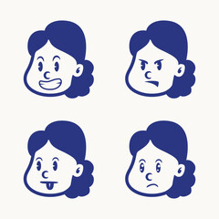 Cartoon vector of a little girl showing four expressions: happy, excited, talking, and sad. Ideal for educational tools, UI stickers, children’s books, or emotional expression packs