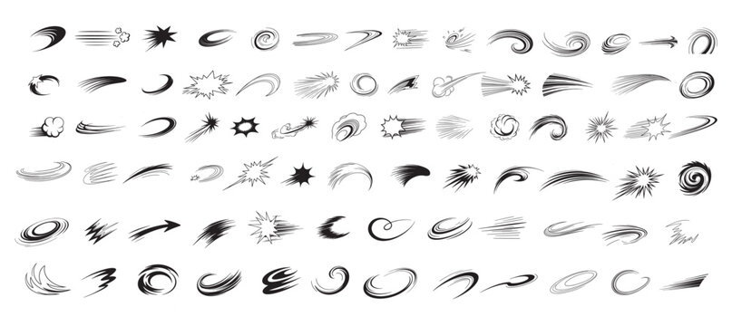 Comic speed lines, motion lines, dynamic effect, manga action elements, swoosh, burst, swirl, impact stroke, motion streaks, anime style, expressive sketch curve vector