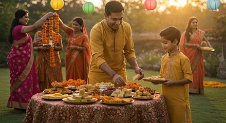 Family enjoying a festive meal outdoors.  A happy family shares traditional sweets and treats in a garden setting