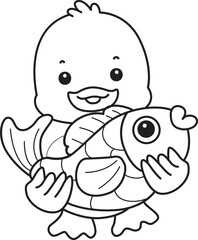 Coloring book of Cute Duck icon. Outline of  Funny baby Duck animal series stock illustration. life of fluffy Duck designs.