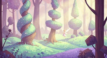 Enchanted forest scene with fairy.  Sunlight filters through trees.  Vibrant colors and whimsical shapes