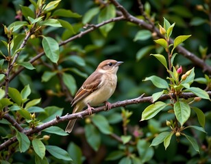 Fototapeta premium wild bird perched on branches, lush greenery