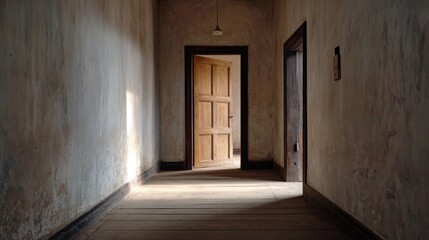 wabi-sabi hallway, peeled paint walls, aged wooden door, simple lighting, shadow play, earthy silence