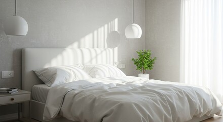 Bright bedroom with white bedding bedside table lamps and potted plant.
