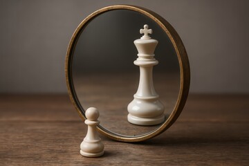 Chess Piece Reflection A Pawn's Grandiose Vision of Becoming a King in a Distorted Mirror