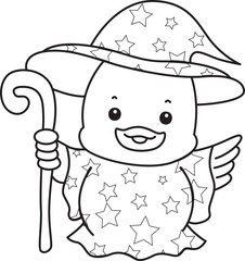 Coloring book of Cute Duck icon. Outline of  Funny baby Duck animal series stock illustration. life of fluffy Duck designs.