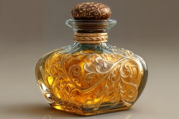 Una botella antigua con intrincados detalles dorados.