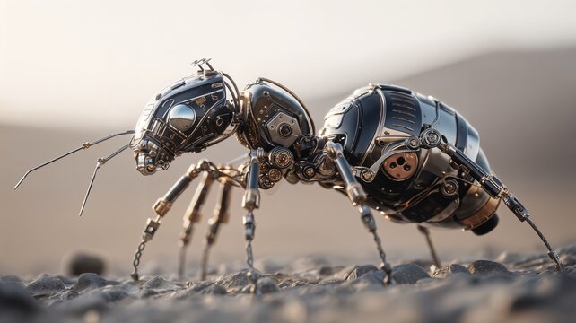 Una hormiga robótica avanza con determinación sobre un terreno rocoso.