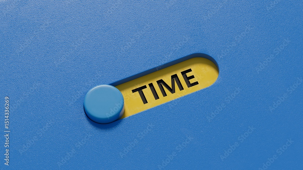 Poster Time.slide switch spelling.Flat lay view from above on  slide switch buttons.IT technology concept.3D rendering on blue background.
