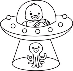 Coloring book of Cute Duck icon. Outline of  Funny baby Duck animal series stock illustration. life of fluffy Duck designs.