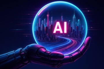 Artificial Intelligence Concept: Robot Hand Holding a Glowing Cityscape in a Bubble