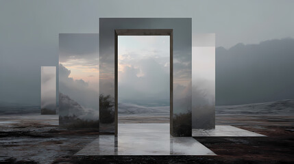Naklejka premium poster for conceptual film | symbolic presence | symbolic tension | overcast neutrals | frame within frame | closed curtains in open skies | flat depth paradox | juxtaposition illusion | quiet