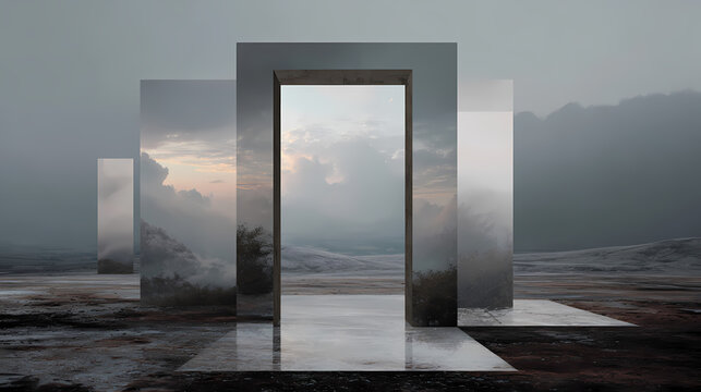 poster for conceptual film | symbolic presence | symbolic tension | overcast neutrals | frame within frame | closed curtains in open skies | flat depth paradox | juxtaposition illusion | quiet