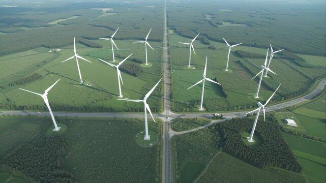 Aerial view of numerous wind turbines situated in a lush green environment, showcasing renewable energy production. This landscape highlights the importance of sustainable initiatives.