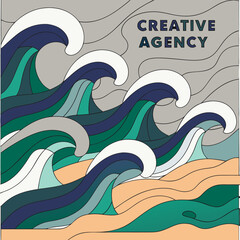 Stylized waves and beach illustration with text overlay