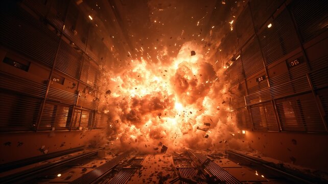 Una explosi&oacute;n catacl&iacute;smica ilumina un corredor industrial abandonado, sumi&eacute;ndolo en un caos de fuego y metal retorcido.