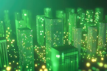 Digital cityscape of glowing green structures.