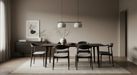Dining room interior with table chairs lighting and artwork in neutral tones.