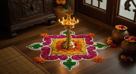 Floral rangoli design with traditional oil lamp