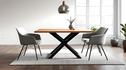 A modern, minimalist wooden dining table.