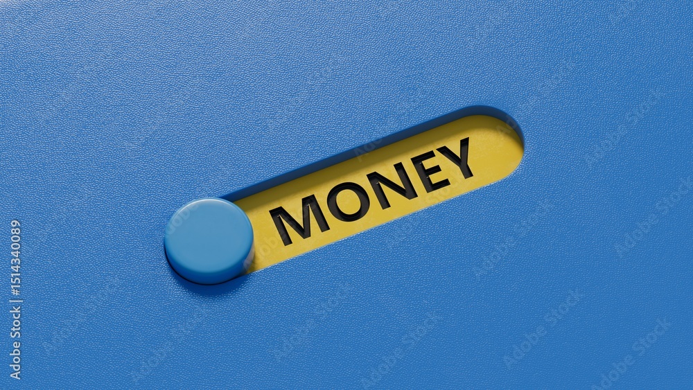 Poster money.slide switch spelling.flat lay view from above on blue background with slide switch buttons.it