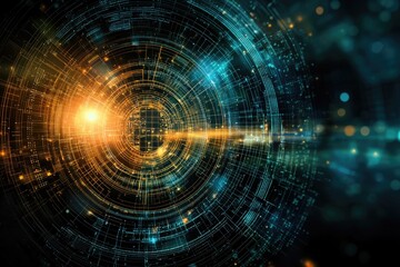 A concentric, digital design with glowing lines and intricate patterns.