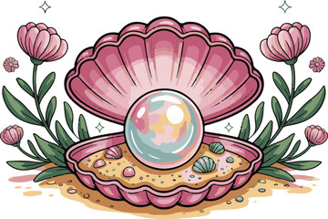 A soft pink seashell half-open with flower beach summer vector file.