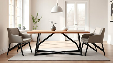 A modern, minimalist wooden dining table.