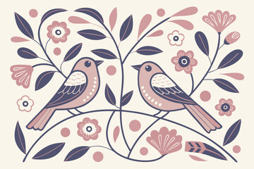 Scandinavian folk art pattern with birds, flowers, and symmetrical shapes, soft colors