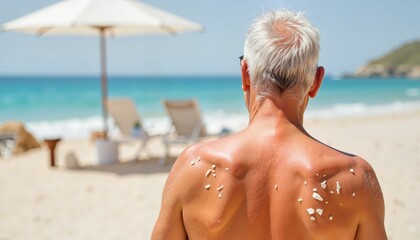 Senior man enjoying sunny beach day with sunblock on his back