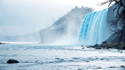 Naklejka premium Scenic view of peaceful falls crashing into rocks during winter season, showing water force, power and natural beauty.