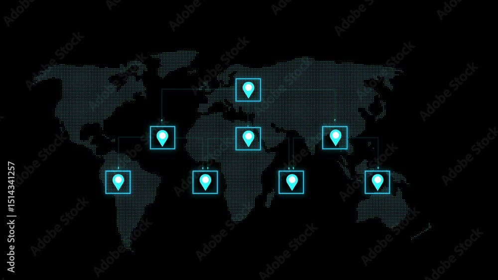 Poster futuristic technical idea and global network connection animation. a digital map on glowing data pat