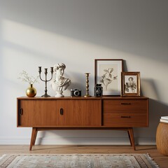 Wooden cabinet with decorations against a white wall in a room interior.