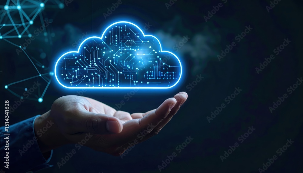 Poster modern technology cloud computing digital data storage concept with hand holding glowing cloud icon 