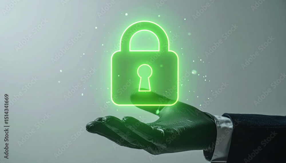 Poster digital security concept with glowing lock icon and hand holding secure data protection symbol