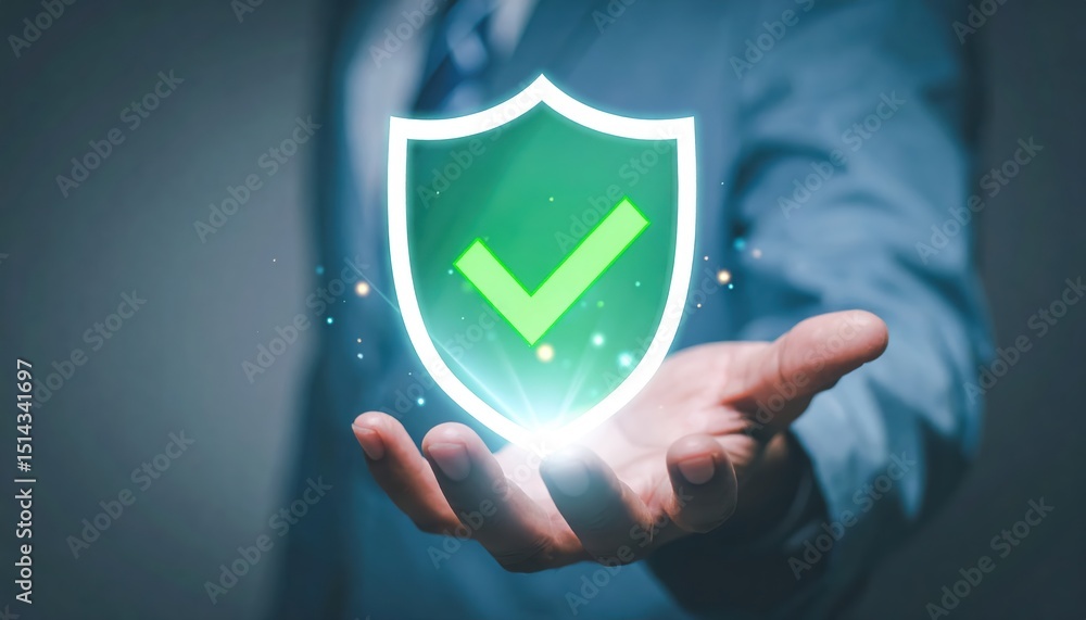 Poster digital security shield with checkmark in a hand illustrating cyber protection and data safety conce