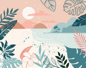 Coast banner with sandy shore, tropical foliage and clouds.