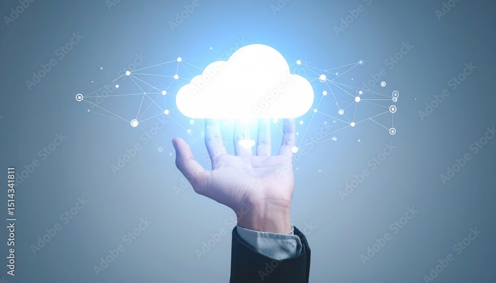 Poster hand holding cloud computing icon with digital network connections and data network concept