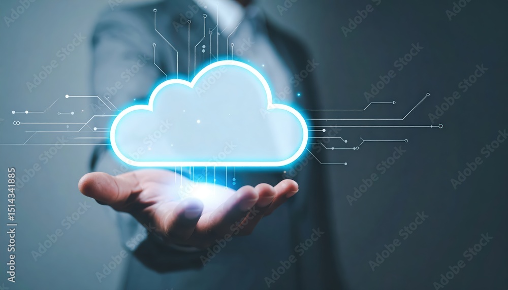 Poster businessman holding a glowing cloud icon with digital network lines representing cloud computing dat