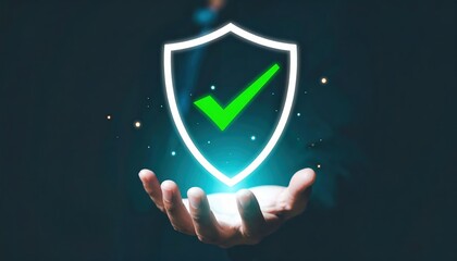 Hand holding a glowing shield with a checkmark symbol representing security protection and cybersecurity concept