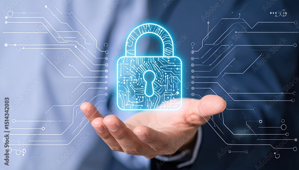 Poster digital security concept with glowing padlock icon floating above hand in a futuristic cybersecurity