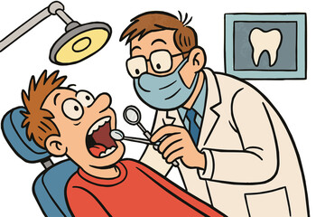 Dentist Examining a Patient’s Teeth - Illustration on White Background