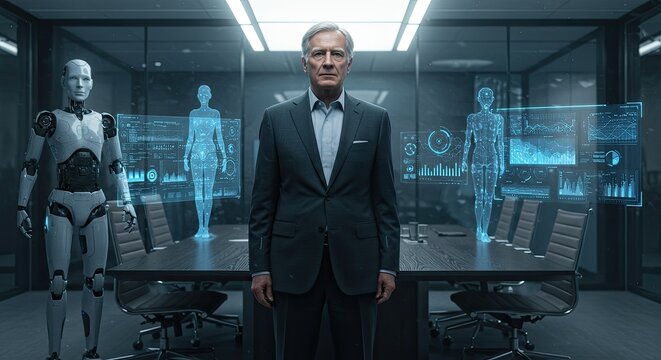 Futuristic business meeting with robots and holographic displays.  Senior executive stands confidently in a modern boardroom