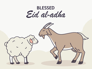 Blessed Eid al Adha Illustration with Cartoon Goat and Sheep