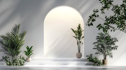 Minimalist Monochrome Stage with Plants and Arch