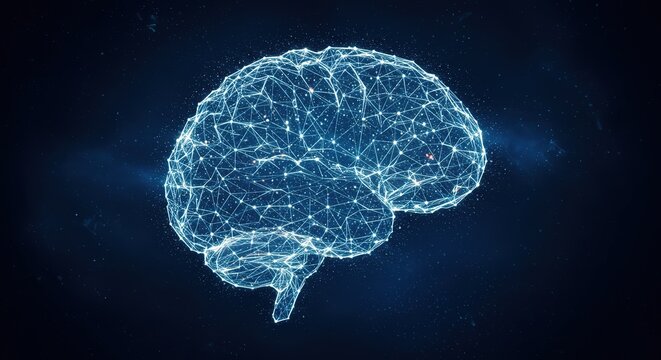 Low poly brain illustration on dark blue background representing intelligence and knowledge.